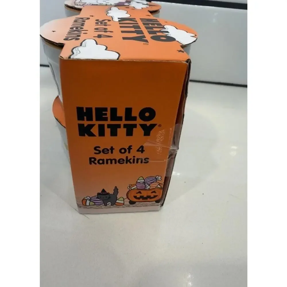 Sanrio Hello Kitty Halloween Black Cat Stars Set Of 4 Baking Ramekins White NEW